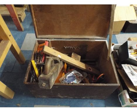 A Wooden Carpenters Tool Box Containing Various Tools to Include Jack Plane, Drill, Spirit Level Etc