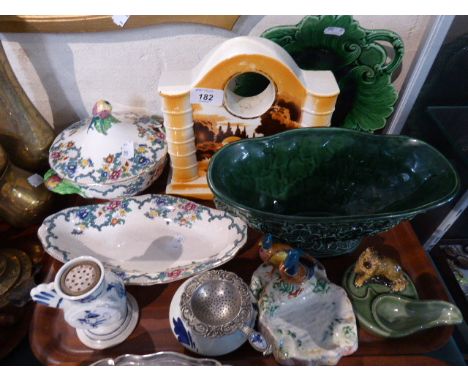 A Tray of Ceramics to Include Beswick Bird Ashtrays, Wade Pipe Stand, Sylvac Bowl, Leaf Plate Etc