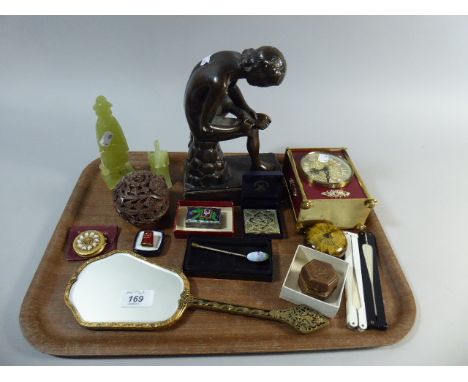 A Tray of Curios to Include Carriage Clock, Enamelled Boxes, Soap Stone Puzzle Ball Pot, Dressing Table Mirror, Travelling In