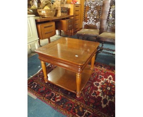 A Modern Mahogany Square Top Coffee Table with Stretcher Shelf and Top Drawer 