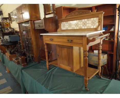 A Late 19th Century Satin Wood Marble Topped Wash Stand with Tiled Back and Single Drawer On Turned Supports with Stretcher S