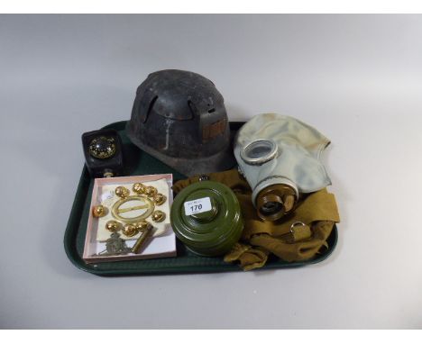 A Tray Containing Gas Mask, Miners Helmet, Military Badge, Compass Etc
