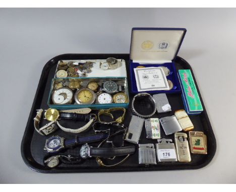 A Tray of Sundries to Include Limited Edition Silver and Gold Plated Coins, Wrists Watches and Pocket Watches, Pocket Lighter