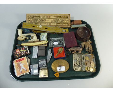 A Tray of Curios to Include Coins, Pocket Lighter, Cut Throat Razors, Cribbage Board Etc 
