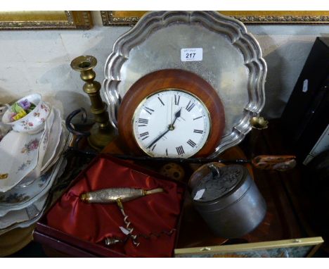 A Tray of Sundries to Include Georgian Style Cork Screw, Wall Clock, Metal Pot, Brass Candle Stick