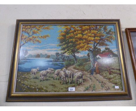 A Framed Tapestry Shepherd with Sheep 