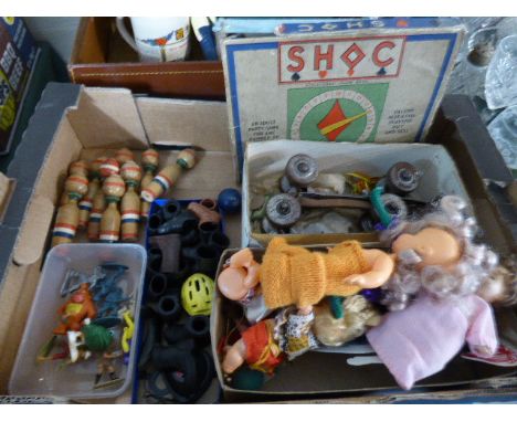 A Tray of Vintage Toys, Dolls, Roller Skates and Board Game Etc