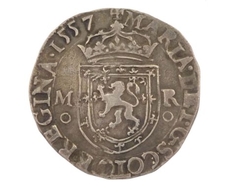 Scotland, Mary, first period, 1557 testoon coin, cross potent obverse, crowned shield reverse, approximately 5.9 grams