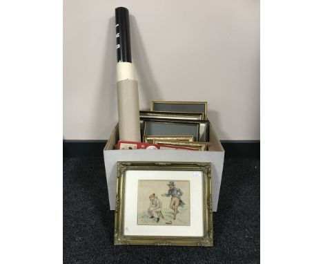 A box of pictures and prints, gilt framed watercolour depicting a lady and gentleman in Victorian clothing, framed print of a