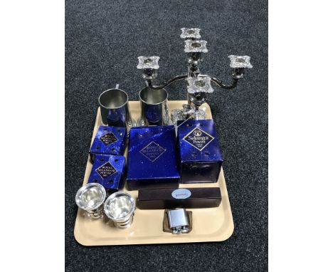 A tray of plated four way candelabrum, two tankards, boxed Royal Selangor pewter ware, two miniature plated wine coolers toge