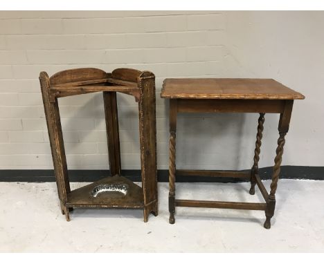 An oak barley twist occasional table together with a pine corner stick stand with tray