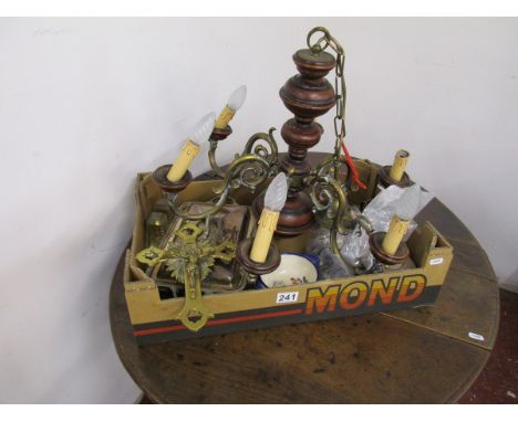Box of collectables to include brass crucifix and centre light