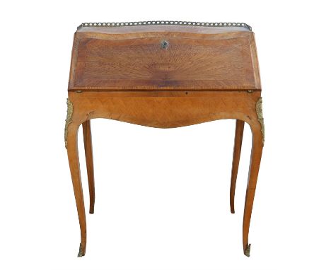 French rosewood and kingwood parquetry bonheur-du-jour, 19th Century, with brass gallery, above fall flap enclosing a shelf a