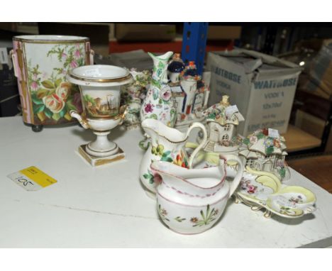 Four Staffordshire porcelain pastille burners, 19th Century, in the form of cottages, with two 19th Century Coalport style va