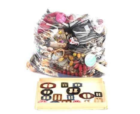 Large quantity of mainly costume jewellery, including bead necklaces, buckles, bangles, costume watches, compacts and a small