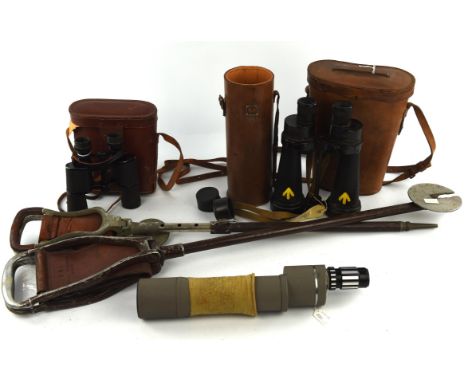 A Denkar Zoom monocular 15 x 30 x 50mm, a pair of Barr & Stroud 7 x military binoculars, cased one further smaller pair of bi