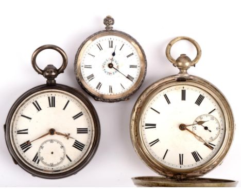 A silver hunter pocket watch with unsigned white enamel dial, keywind movement, a ladies open face silver pocket watch and an