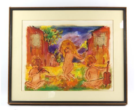 Roger Etienne (French 1922-?), Petits Musicians Nues, gouache and newsprint collage, signed and dated 1973 lower right, 42 x 