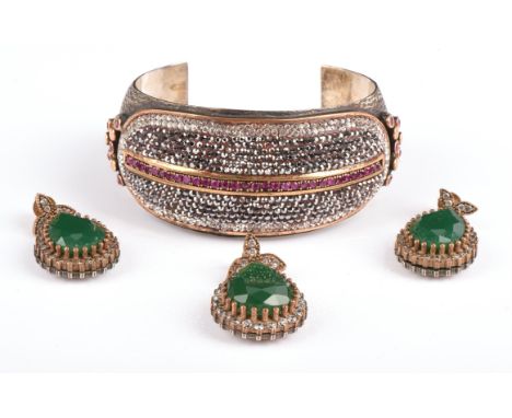Gem set silver earrings, bangle & pendant, the cuff bangle set with rubies, hematite and cubic zirconia, mounted in silver, t