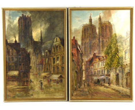 Circle of Pierre le Boeff, Views of Cathedral cities, a pair, watercolour, each 56 x 37cm.; together with a pastel street sce