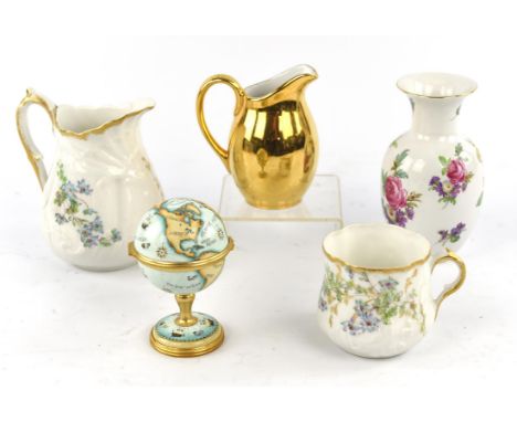 Six Royal Crown derby cups and saucers, in the Imari palate, together with a Goldfinch paperweight, gold stopper, together wi