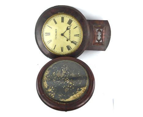 19th century mahogany "school" clock with single fusee movement, 40cm dia ( enamel dial distressed ) together with a two trai