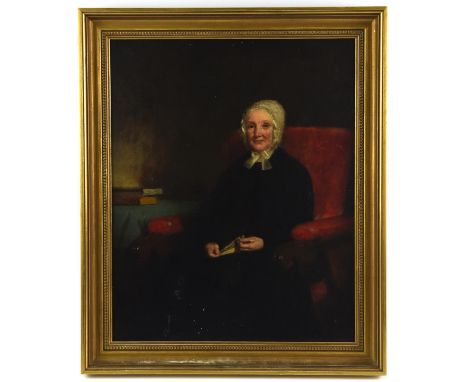 English School (19th century), Portrait of an elderly lady seated in an armchair, oil on canvas, 40 x 32cm. Condition Report: