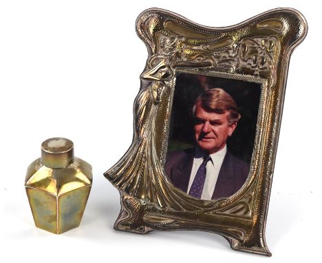 Silver tea caddy of hexagonal tapering form, Chester 1911, 3oz 92gm and an art nouveau style photograh frame 24cm x 18cm