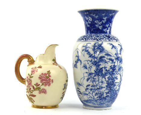 A late 19th century Royal Worcester blush ivory ware jug, height 19cm and a 20th century Japanese blue and white porcelain va