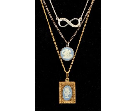 Selection of silver jewellery including Wedgwood pendants, one silver and one yellow metal, with chains and in Wedgwood boxes