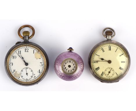 Three watches including two pocket watches and an enamel ball fob watch - an Omega silver open face pocket watch,the unsigned