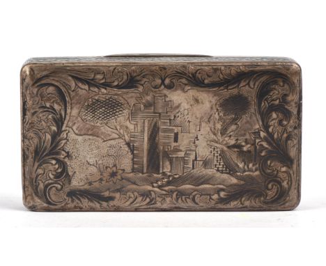 Russian ( Moscow ) silver pocket snuff box the hinged cover engraved with a group of three figures, the base with a landscape