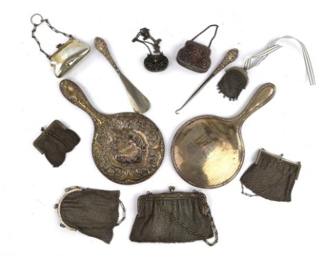Collection of white metal and continental silver chain link purses, two hand mirrors, button hook and shoe horn
