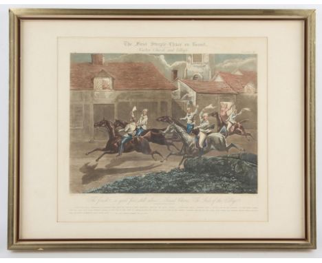 After Henry Alken, The First Steeple-Chase on Record, plates I - IV, a set of four aquatints by  John Harris, with hand colou