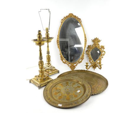 A group of mainly brass items comprising: an 18th century style wall mirror with twin candle sconce, height 40cm, a pair of g