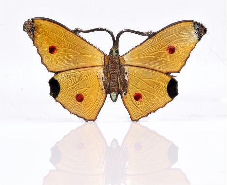 John Aitken and Son Enamel butterfly brooch, yellow, black and red enamel, in silver, hallmarked Birmingham 1915Condition Rep