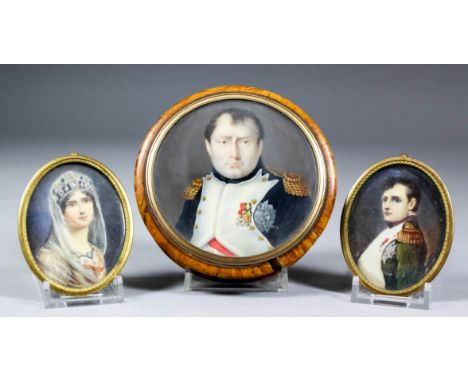 A 19th Century burrwood circular box, the lid inset with miniature shoulder length portrait of the Emperor Napoleon , 4ins di