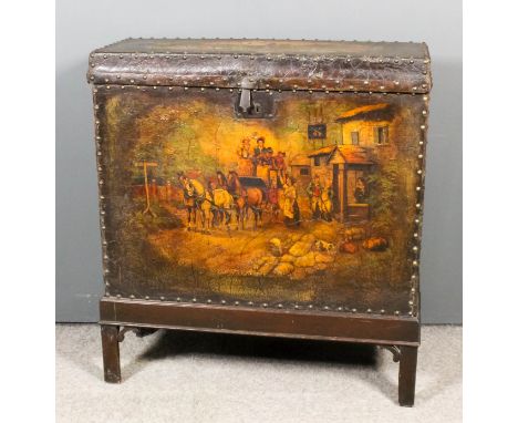 A Continental leather covered coffer, the whole painted with coaching and hunting scenes and studded, mounted on mahogany sta