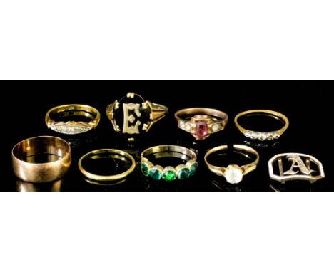 A 9ct gold wedding band, a small 18ct gold wedding band, and six other gold and gem set rings of various design and carats, a