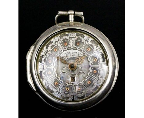 A George II silver pair cased verge pocket watch by Henry Fish of London, No, 541, the silver champleve enamel dial with Roma