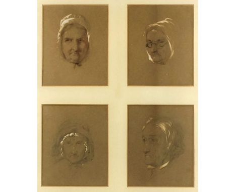 19th Century English School - Pencil and watercolour drawings - Portrait studies of four elderly heads, 5.75ins x 4.75ins, mo