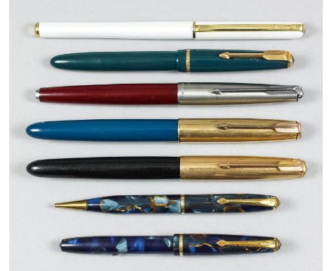 Two mid 20th Century Parker "51" fountain pens, together with a Conway "Dinky 560" and "45" fountain pen and propelling penci