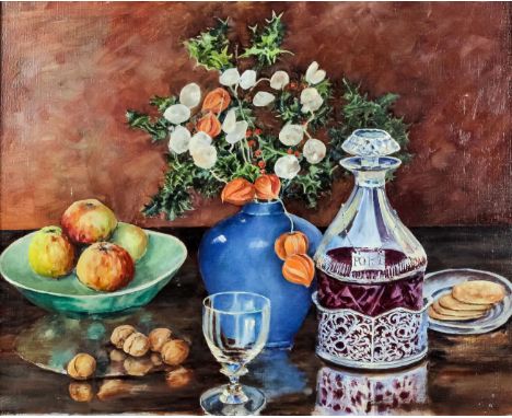 ***Sir Hughe Knatchbull Hugessen (1886-1971) - Oil painting - Still life of flowers in a vase with a decanter of port and bow