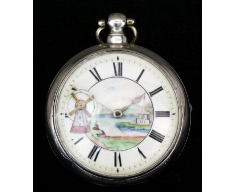 A William IV silver pair cased "Farmer's" automaton pocket watch by Johnston of Liverpool, No. 5315, the white enamel dial wi