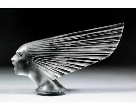 A Lalique "Victoire" (Spirit of the Wind) frosted and polished glass car mascot with slight grey tint, 5.5ins high x 9.5ins o