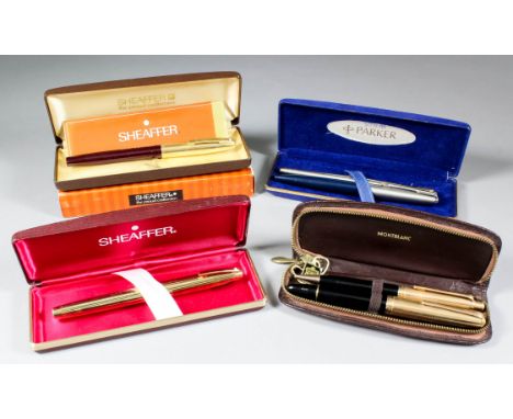 A Montblanc "Meisterstück" fountain pen and "Pix" propelling pencil, in original leather case, and four other pens, various