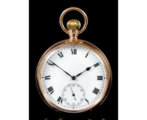 A George V 9ct gold cased keyless lever pocket watch, the white enamel dial with Roman numerals, subsidiary seconds dial and 