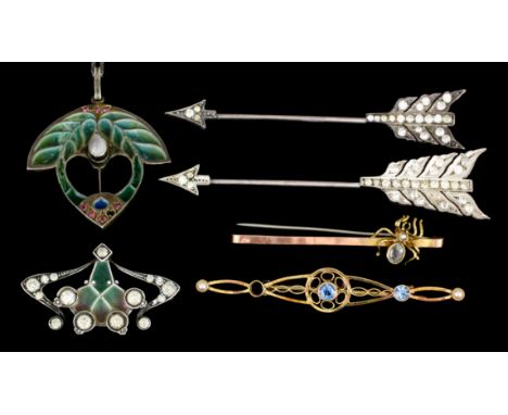 A 9ct gold bar brooch with gem set spider to one end, 45mm overall, a gold coloured metal and gem set bar brooch, 56mm overal