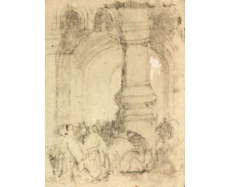 Attributed to Samuel Prout (1783-1852) - Pencil drawing - Interior scene with a large column surrounded by figures, 2.125ins 