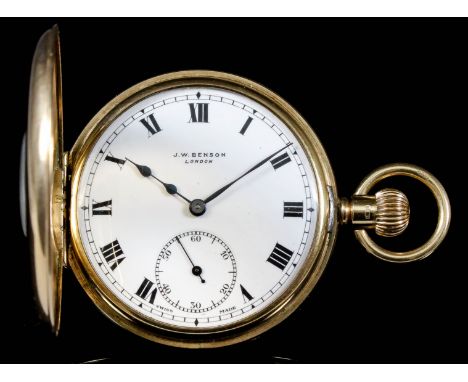 A George VI 9ct gold half hunting cased keyless lever pocket watch retailed by J. W. Benson of London, the white enamel dial 